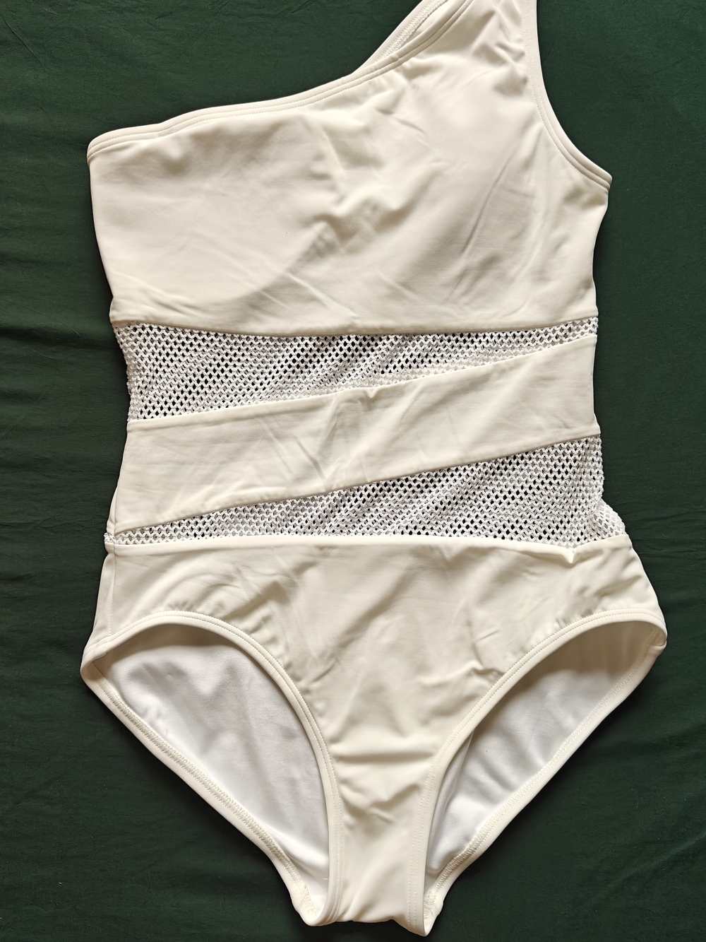 Carmen Marc Valvo White One-Shoulder Mesh Panel One Piece Swimsuit, Size 8